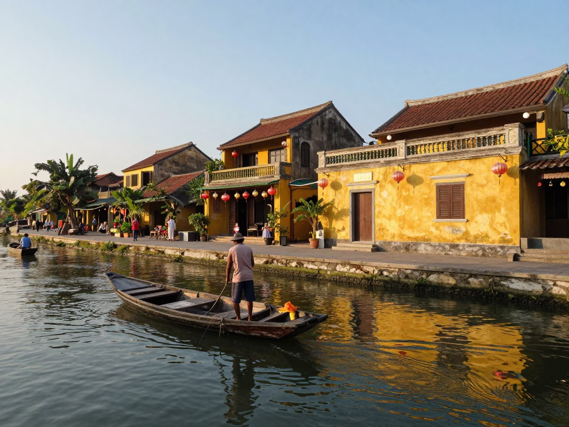 Hoi An Vietnam Dawn Street Scene with Traditional Lanterns and River Boat in in Hoi An, Vietnam