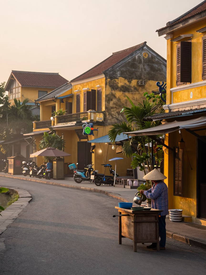 Hoi An Vietnam Dawn Street Scene with Watering Jug and Yellow Buildings in in Hoi An, Vietnam