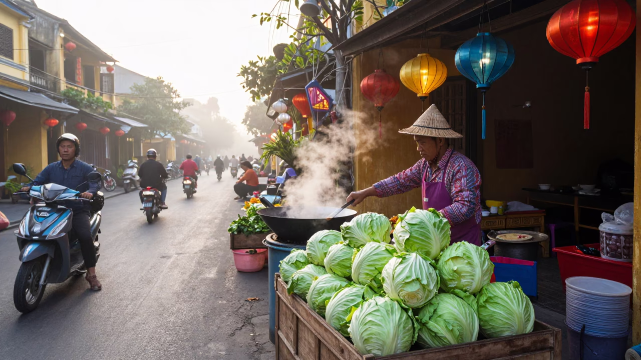 Hoi An Vietnam Dawn Street Vendor Cooking Cabbages Near Lantern Shop in in Hoi An, Vietnam