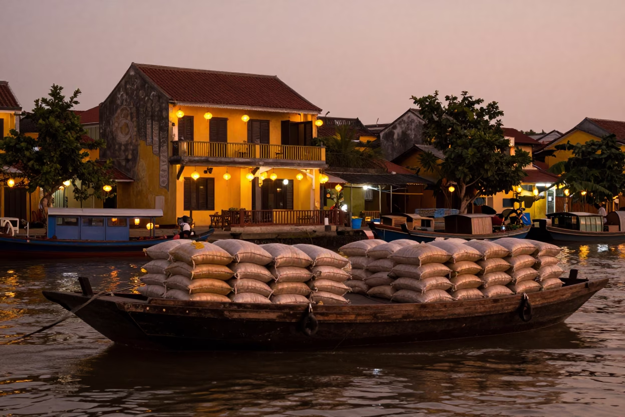 Hoi An Vietnam dusk canal barge cargo yellow facade lanterns realistic street photography in in Hoi An, Vietnam