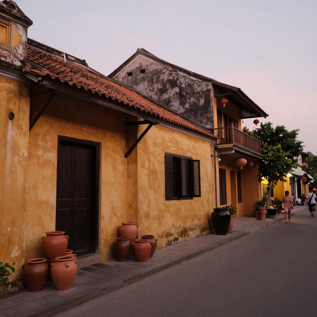 Hoi An Vietnam dusk clay pots street scene with local life and traditional architecture in in Hoi An, Vietnam