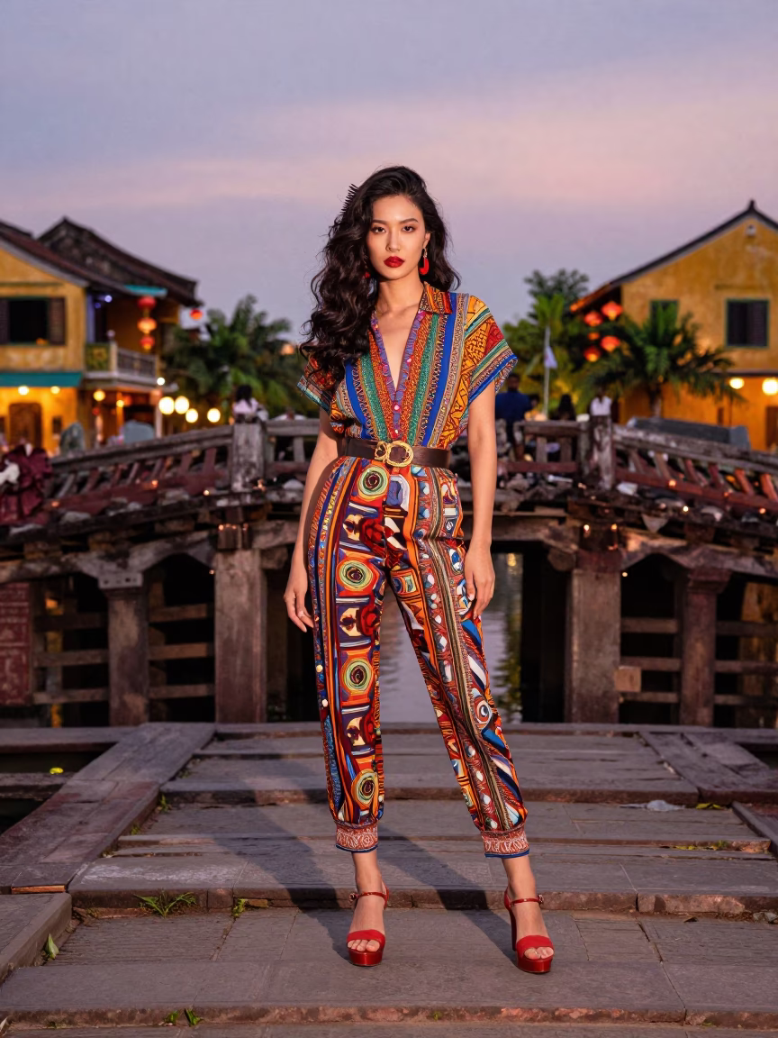 Hoi An Vietnam Dusk High Fashion Portrait with Hair Comb and Ancient Architecture in in Hoi An, Vietnam
