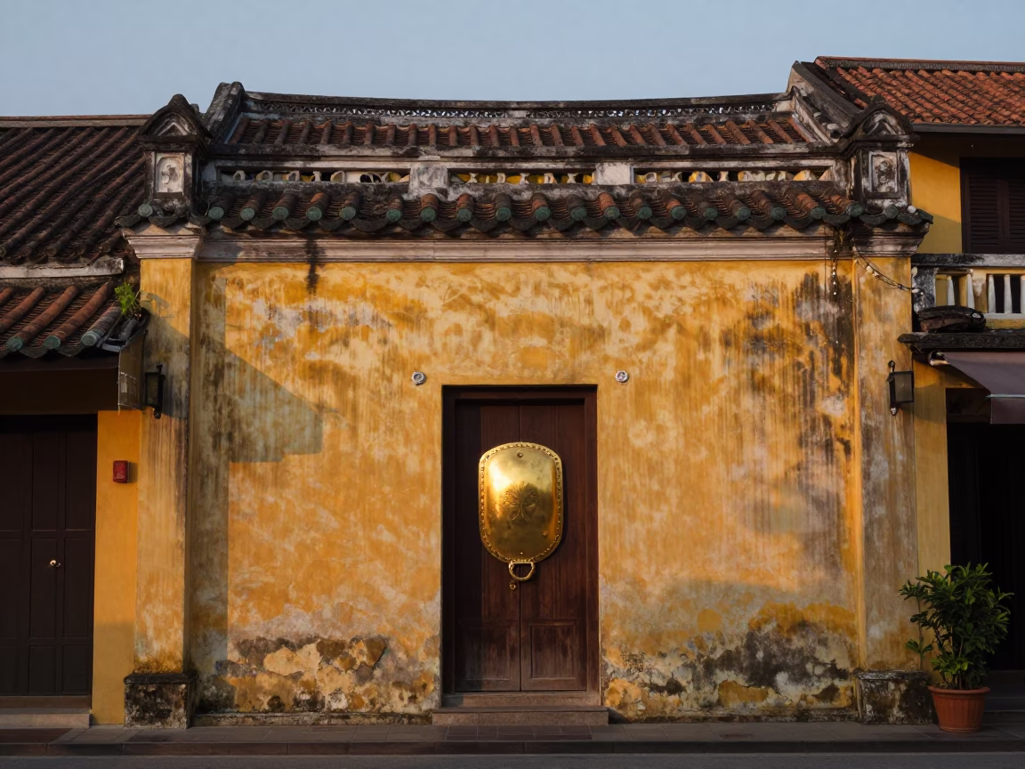 Hoi An Vietnam Dusk Street Scene with Brass Escutcheon on Ancient Yellow House in in Hoi An, Vietnam