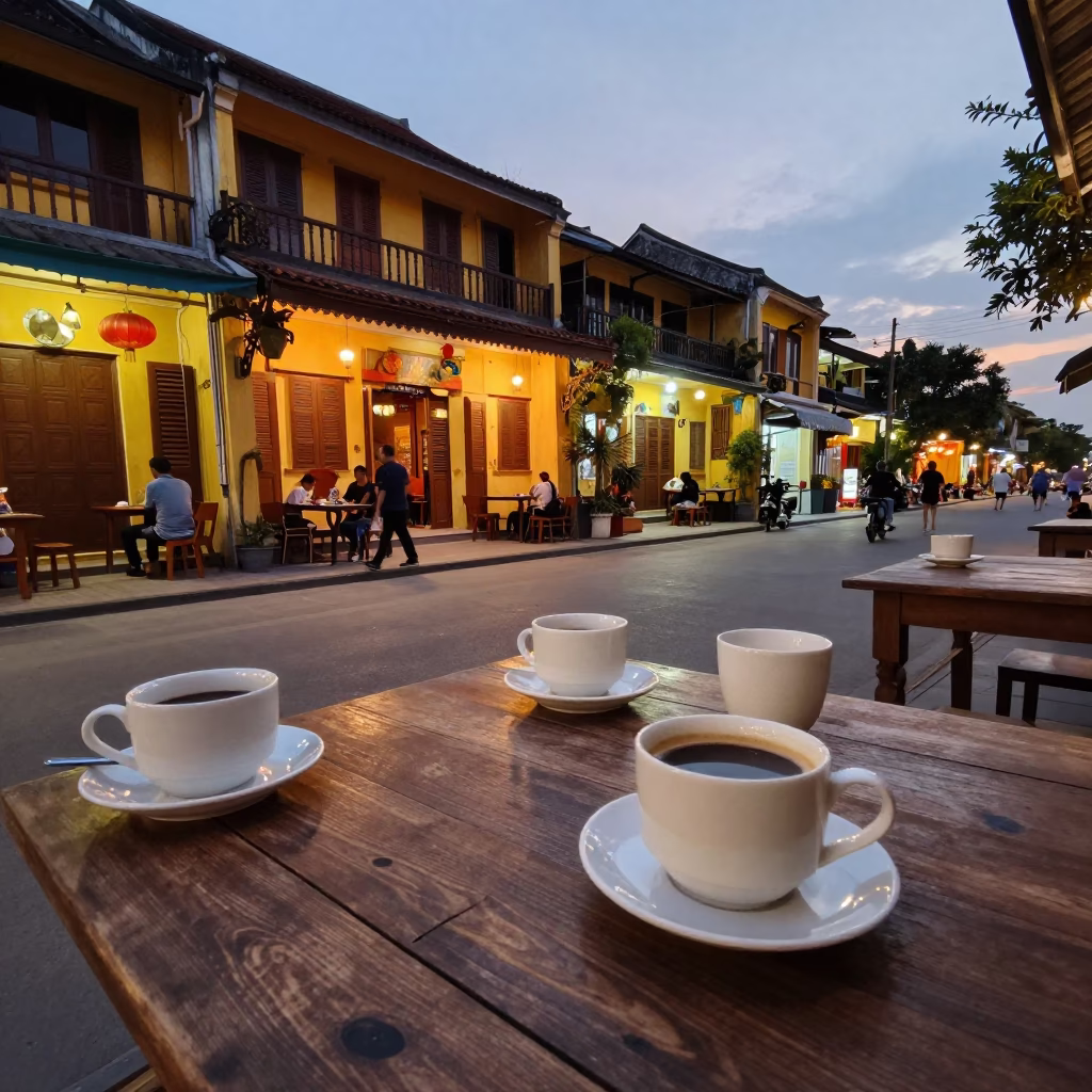 Hoi An Vietnam Dusk Street Scene with Coffee Mugs and Traditional Lanterns in in Hoi An, Vietnam