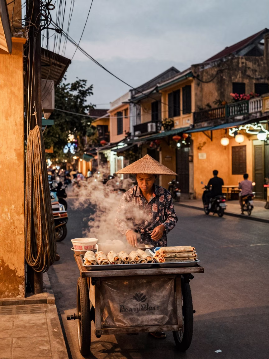 Hoi An Vietnam Dusk Street Scene with Coiled Rope and Banh Cuon Food Vendor in in Hoi An, Vietnam