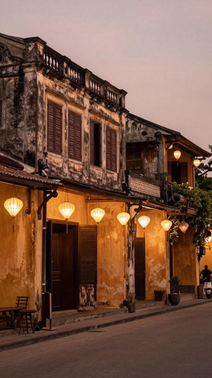 Hoi An Vietnam Dusk Street Scene with Lanterns and Old Architecture in in Hoi An, Vietnam