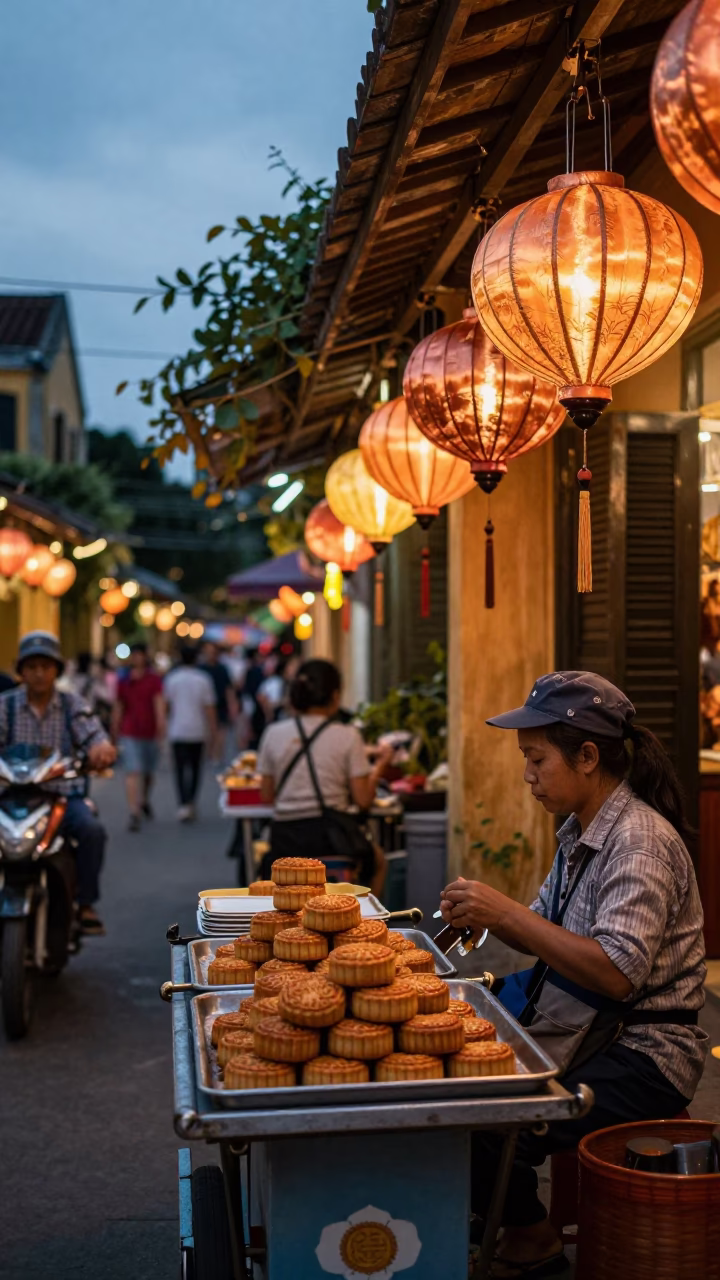 Hoi An Vietnam dusk street scene with mooncakes and traditional lanterns in in Hoi An, Vietnam