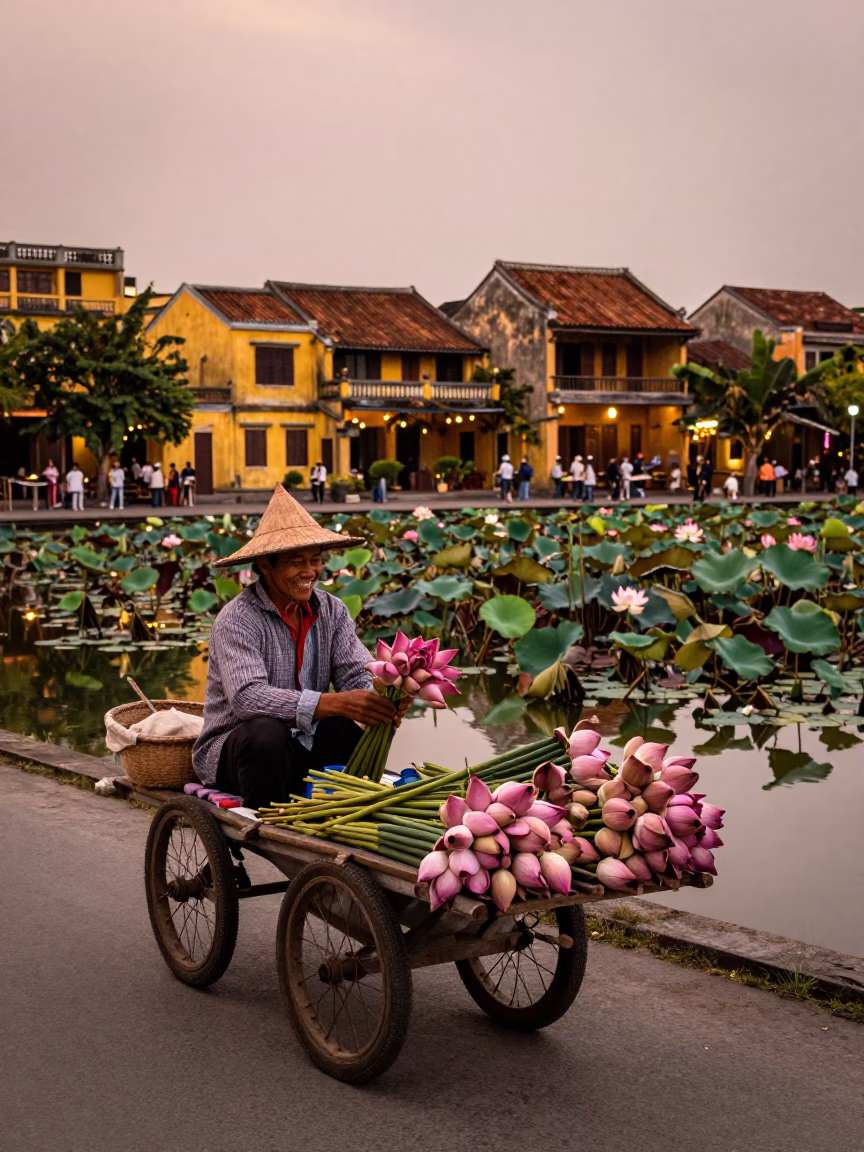 Hoi An Vietnam Dusk Street Scene with Vendor and Lotus Pond Reflection in in Hoi An, Vietnam