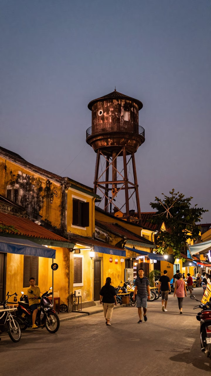 Hoi An Vietnam Dusk Street Scene with Water Tower and Wrench in in Hoi An, Vietnam