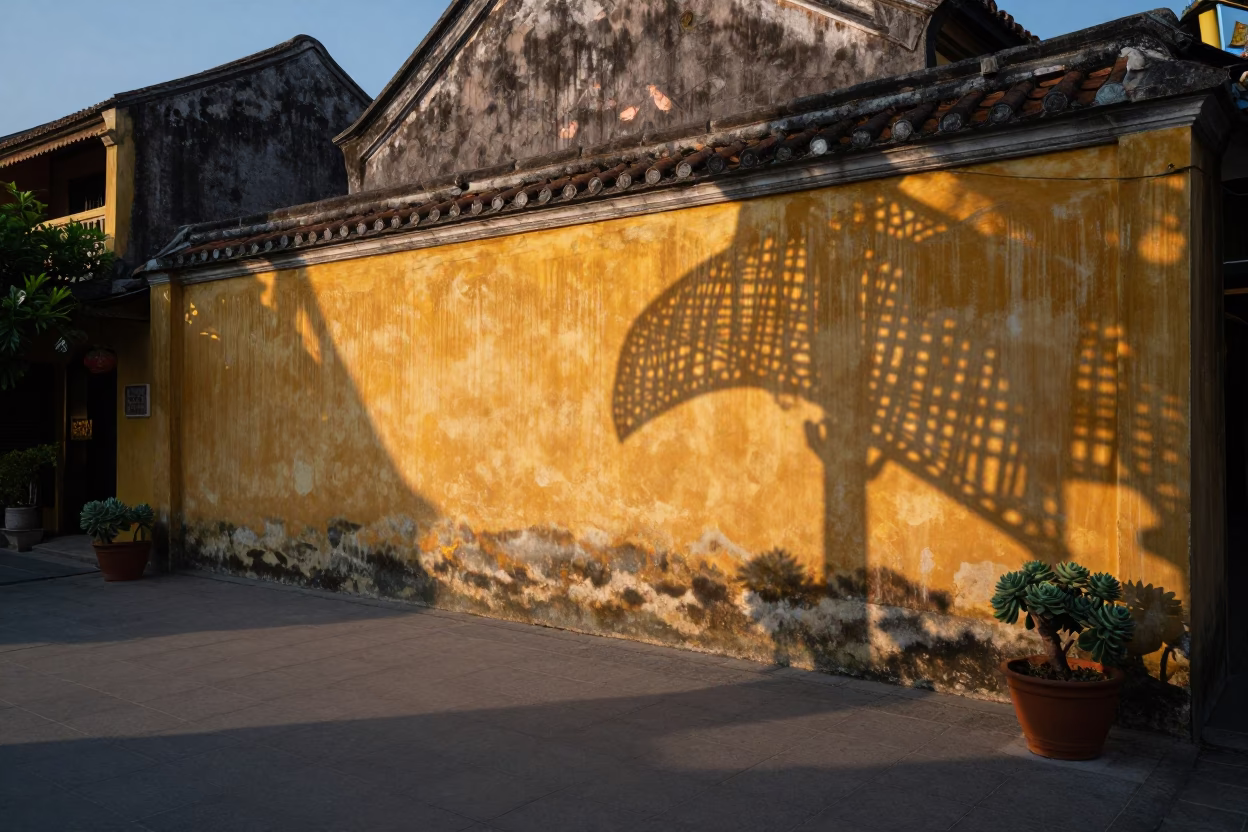 Hoi An Vietnam Dusk Street Scene with Wicker Shadows and Succulents in in Hoi An, Vietnam