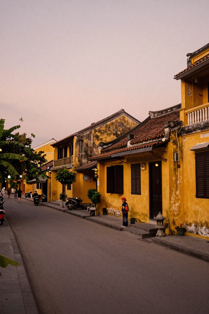 Hoi An Vietnam Dusk Street Scene with Yellow Buildings and Local Vendor in in Hoi An, Vietnam