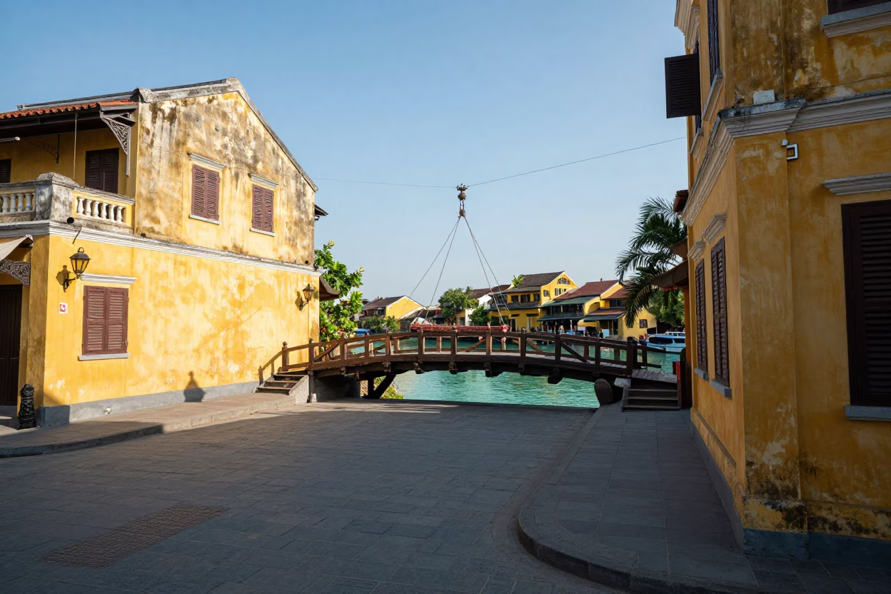 Hoi An Vietnam Early Afternoon Street Scene with Bridge Maintenance Cradle in in Hoi An, Vietnam