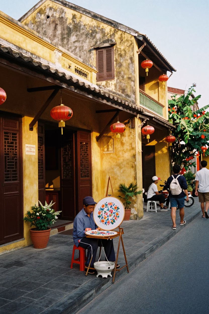 Hoi An Vietnam Early Afternoon Street Scene with Embroidery Hoop and Local Commerce in in Hoi An, Vietnam
