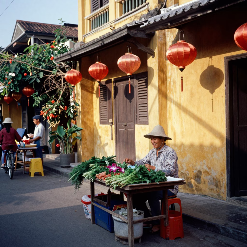 Hoi An Vietnam Early Afternoon Street Scene with Local Market Activity in in Hoi An, Vietnam