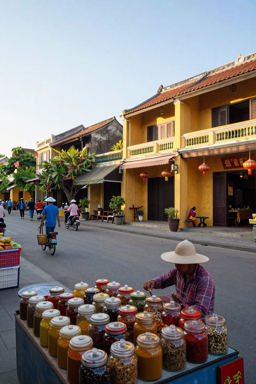 Hoi An Vietnam early afternoon street scene with spice jars and heritage tram in in Hoi An, Vietnam