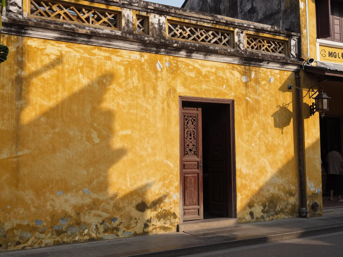 Hoi An Vietnam Early Afternoon Street Scene with Traditional Yellow Walls and Canoe Transport in in Hoi An, Vietnam