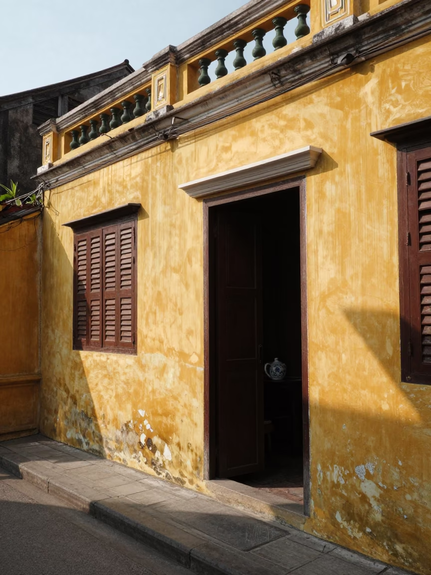 Hoi An Vietnam Early Afternoon Street Scene with Yellow Colonial Buildings and Local Life in in Hoi An, Vietnam