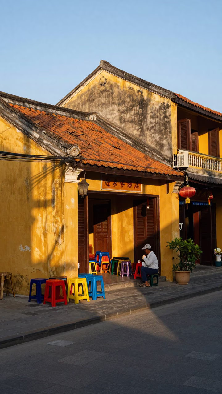 Hoi An Vietnam Early Evening Street Scene with Folding Stools and Lanterns in in Hoi An, Vietnam