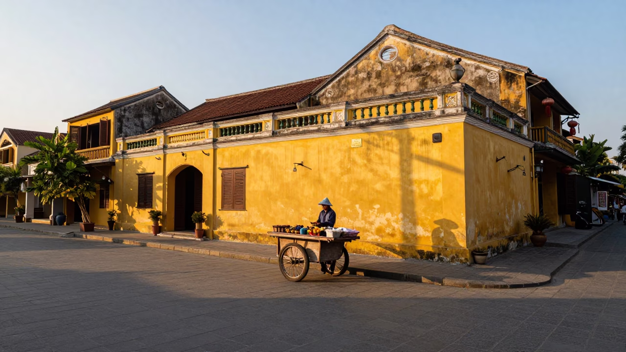Hoi An Vietnam Early Evening Street Scene with Local Vendor and Traditional Architecture in in Hoi An, Vietnam