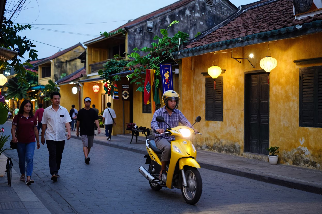 Hoi An Vietnam Early Evening Street Scene with Scooter and Lanterns in in Hoi An, Vietnam