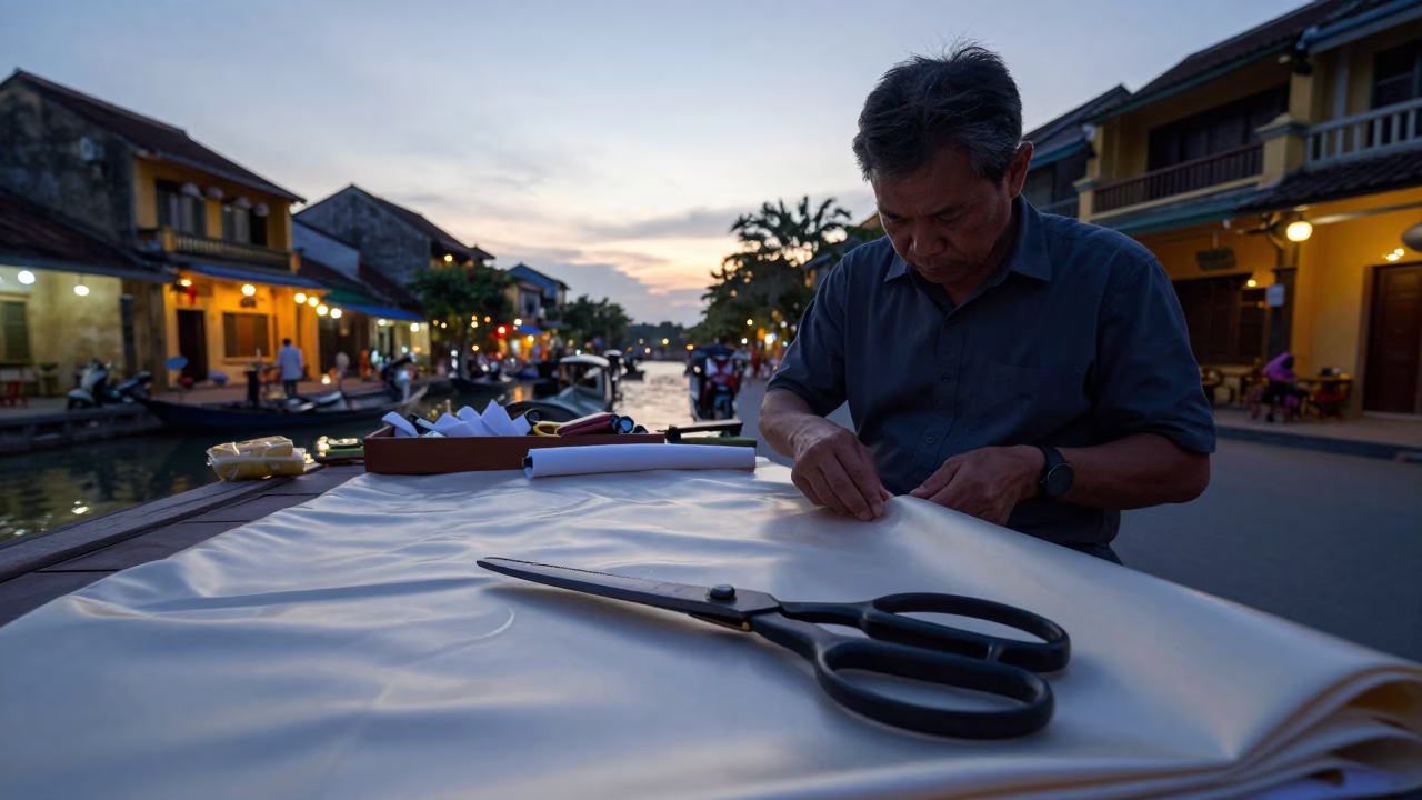 Hoi An Vietnam Early Morning Street Scene with Tailor Shears and Lanterns in in Hoi An, Vietnam