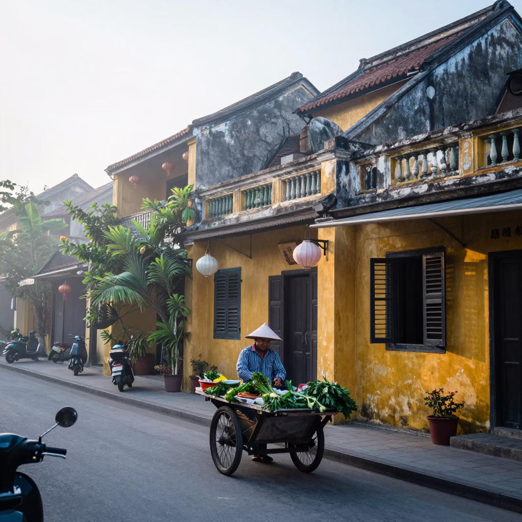Hoi An Vietnam Early Morning Street Scene with Traditional Elements in in Hoi An, Vietnam