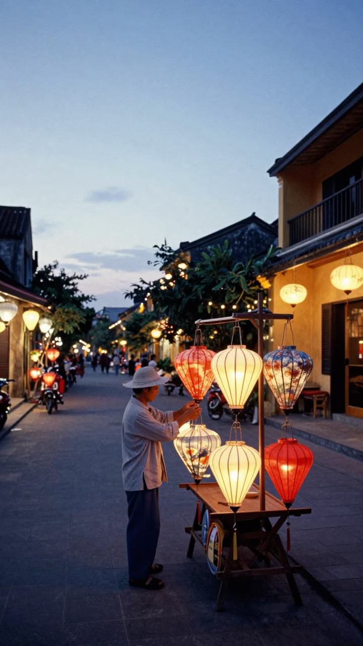 Hoi An Vietnam Early Morning Street Scene with Traditional Lanterns and River View in in Hoi An, Vietnam