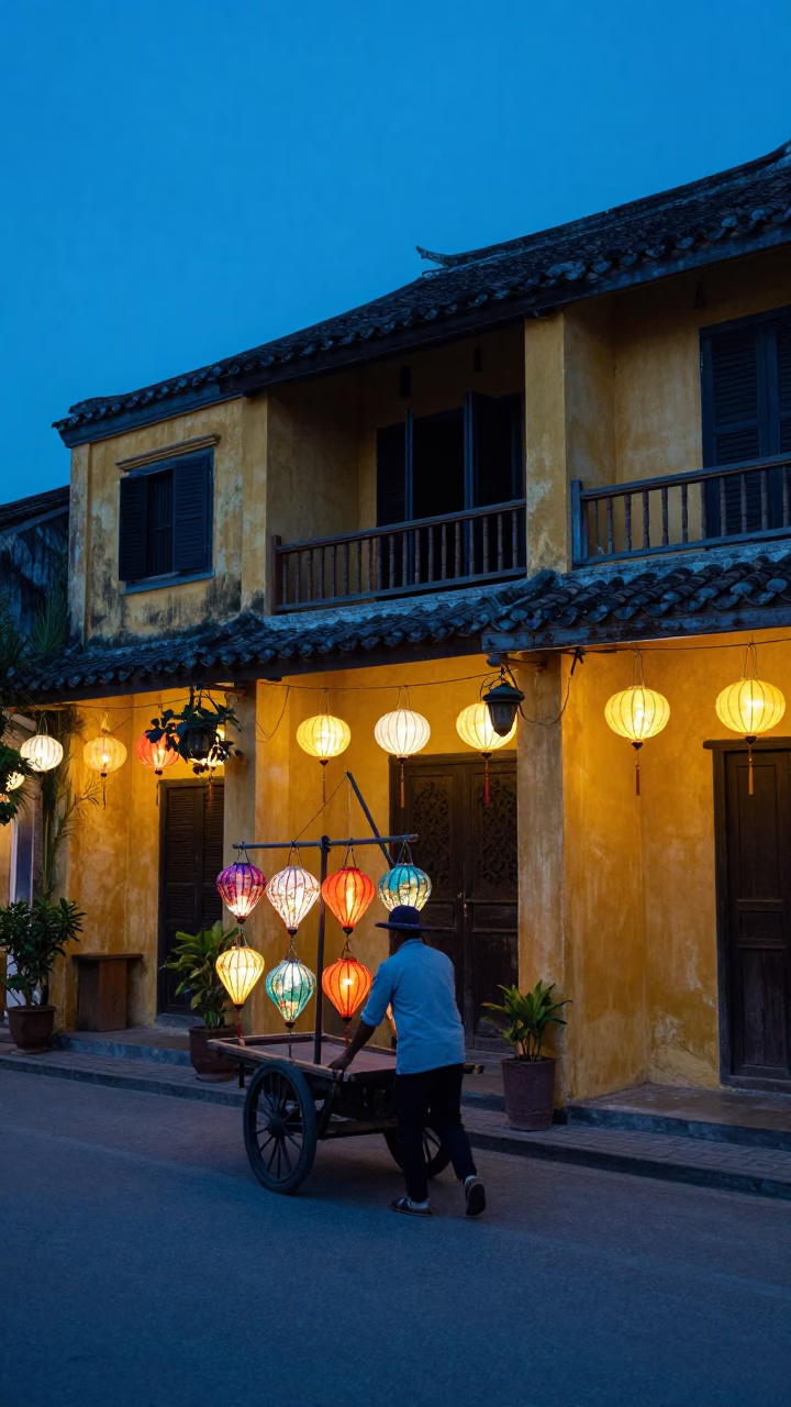 Hoi An Vietnam Evening Blue Hour Ancient Street Lanterns and Traditional Life in in Hoi An, Vietnam