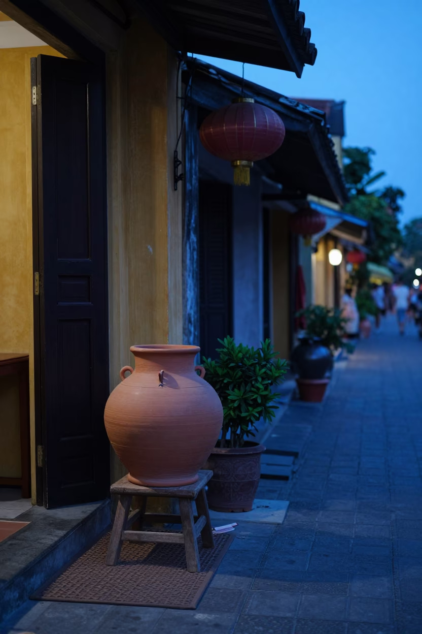 Hoi An Vietnam Evening Blue Hour Clay Pot and Doormat Scene in in Hoi An, Vietnam