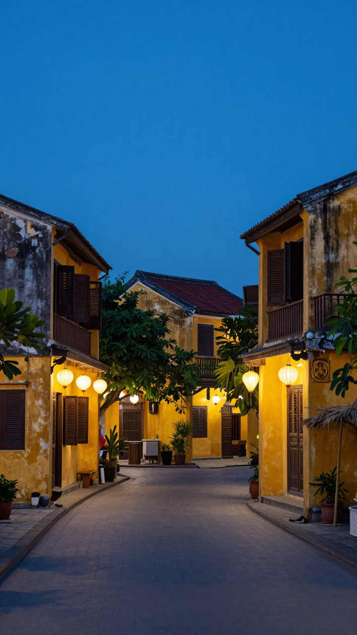 Hoi An Vietnam Evening Blue Hour Street Scene with Lanterns and Local Life in in Hoi An, Vietnam