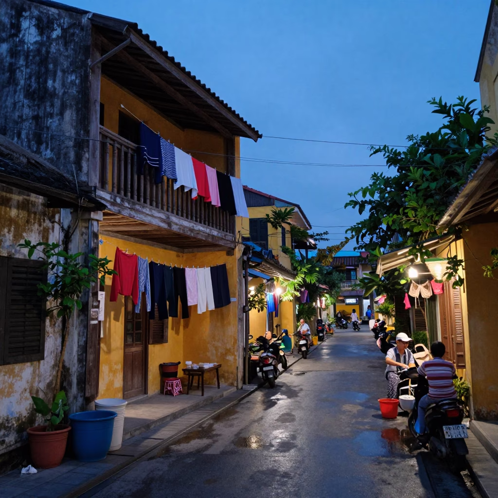Hoi An Vietnam Evening Blue Hour Street Scene with Laundry and Tomatoes in in Hoi An, Vietnam