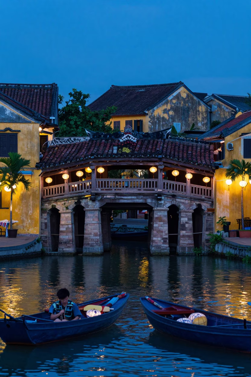 Hoi An Vietnam Evening Blue Hour Traditional Lanterns and River Life in in Hoi An, Vietnam