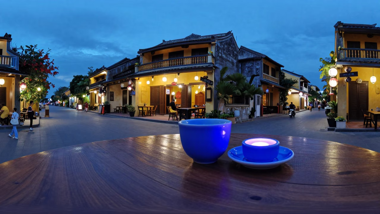 Hoi An Vietnam Evening Blue Light Ceramic Cup and Candle Holder on Wooden Table in in Hoi An, Vietnam
