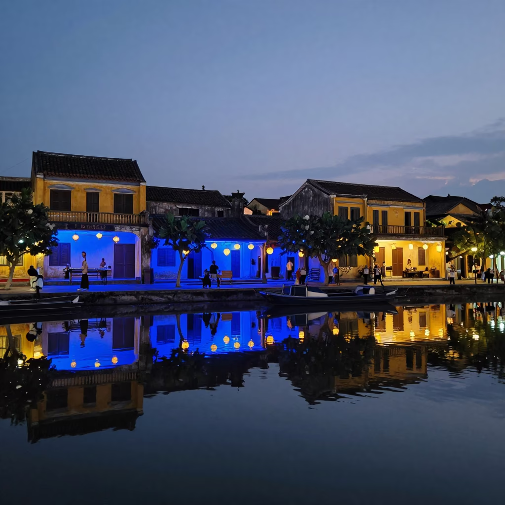 Hoi An Vietnam Evening Blue Light Lanterns and River Reflections in in Hoi An, Vietnam