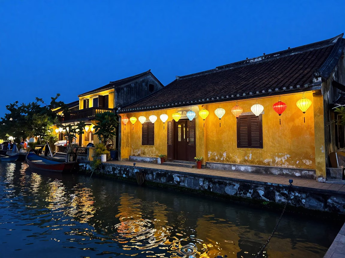 Hoi An Vietnam Evening Blue Light Lanterns and Street Life Photography in in Hoi An, Vietnam