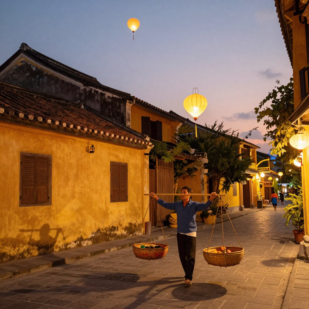 Hoi An Vietnam Evening Lantern Festival Sky Lanterns Rising Over Ancient Streets in in Hoi An, Vietnam