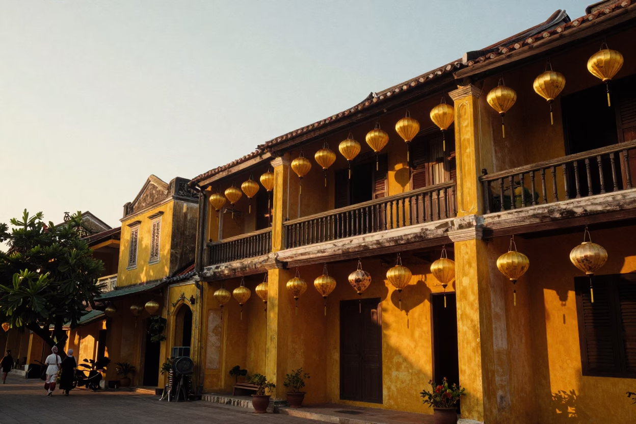 Hoi An Vietnam Evening Lanterns and Yellow Architecture Sunset Scene in in Hoi An, Vietnam