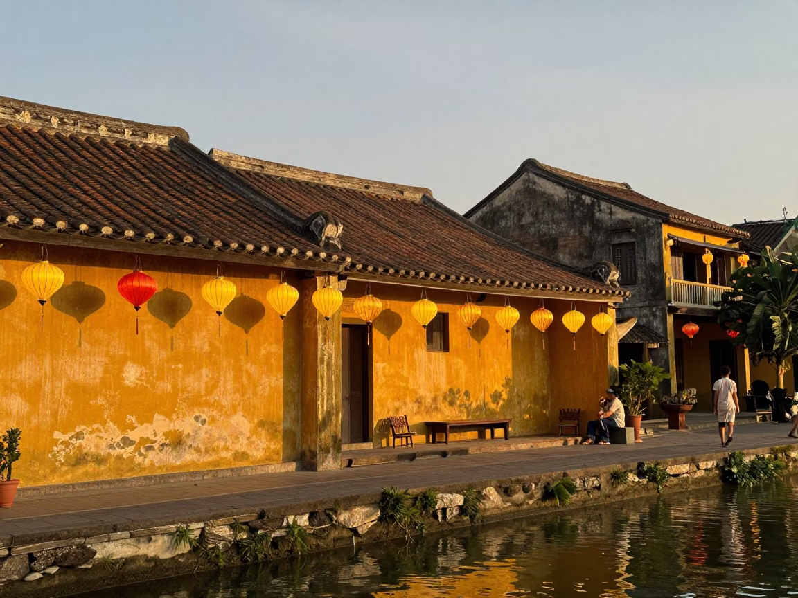 Hoi An Vietnam Evening Lanterns on Ancient Yellow Buildings and River Reflections in in Hoi An, Vietnam