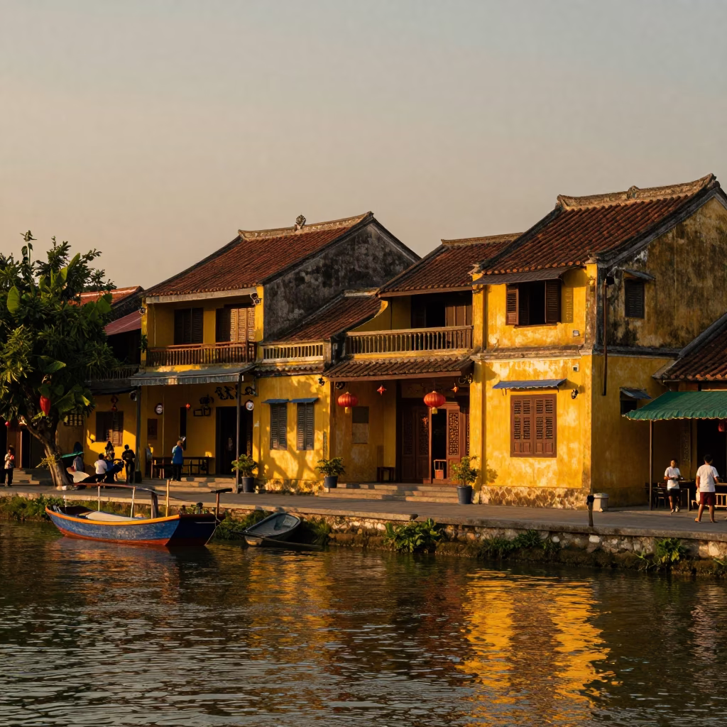 Hoi An Vietnam Evening Light Ancient Town Riverbank Street Scene in in Hoi An, Vietnam