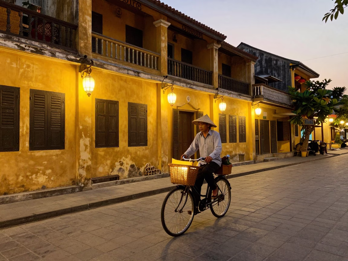Hoi An Vietnam Evening Light Bicycle Basket and Lanterns on Ancient Street in in Hoi An, Vietnam