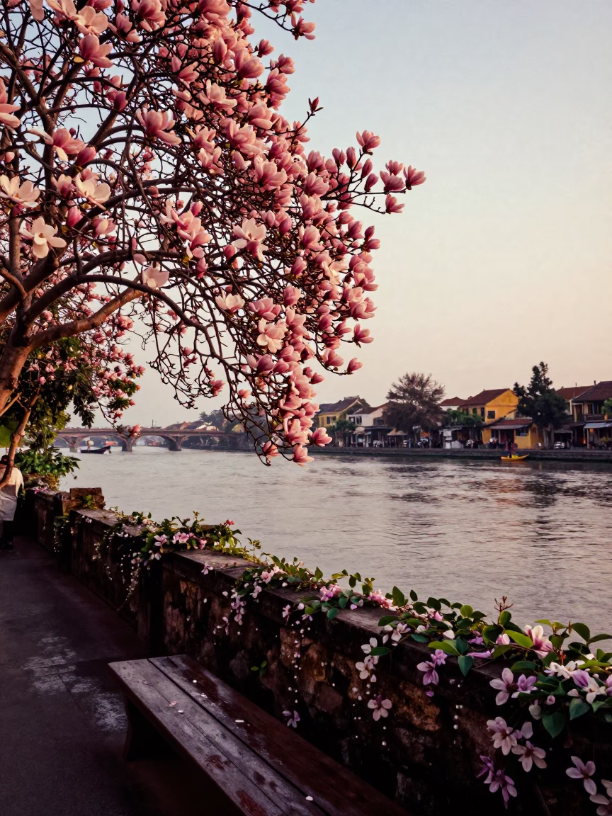 Hoi An Vietnam Evening Light Magnolia Blossoms and River View in in Hoi An, Vietnam