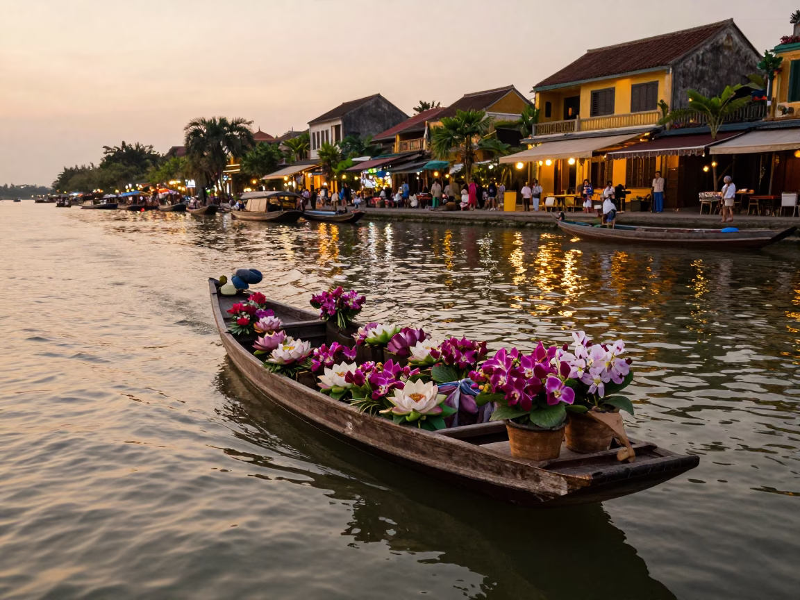 Hoi An Vietnam Evening Market Sampan Flowers Honeyed Light Street Scene in in Hoi An, Vietnam