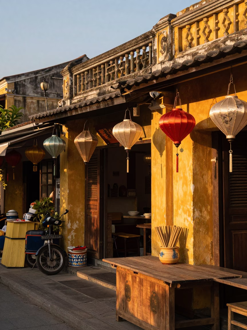 Hoi An Vietnam Evening Market Street Scene with Traditional Lanterns and Local Diners in in Hoi An, Vietnam