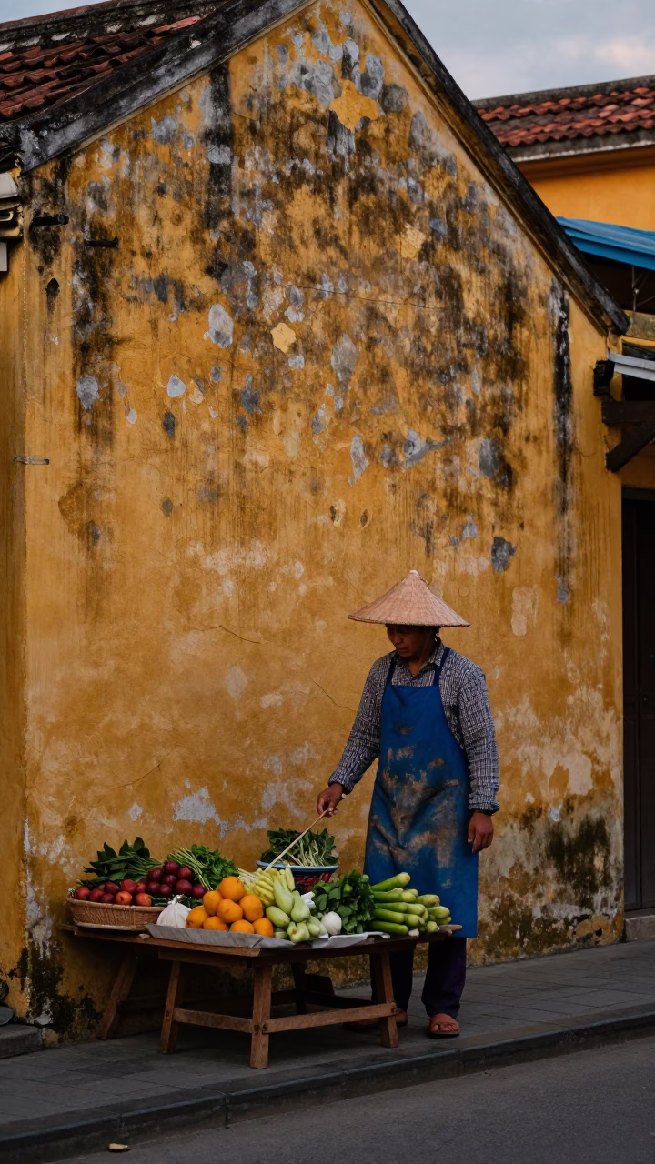 Hoi An Vietnam Evening Street Scene with Apron Wearing Vendor and Clay Architecture in in Hoi An, Vietnam