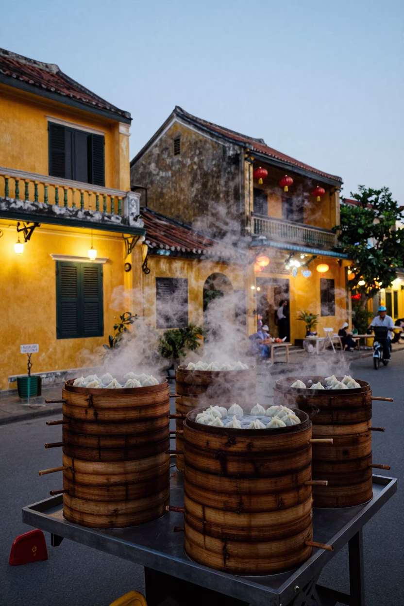 Hoi An Vietnam Evening Street Scene with Bamboo Steamers and Local Food Vendor in in Hoi An, Vietnam