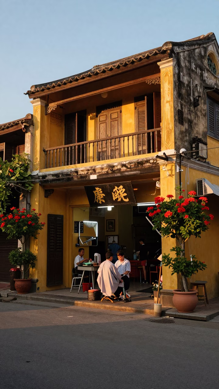 Hoi An Vietnam Evening Street Scene with Barber and Geraniums in in Hoi An, Vietnam
