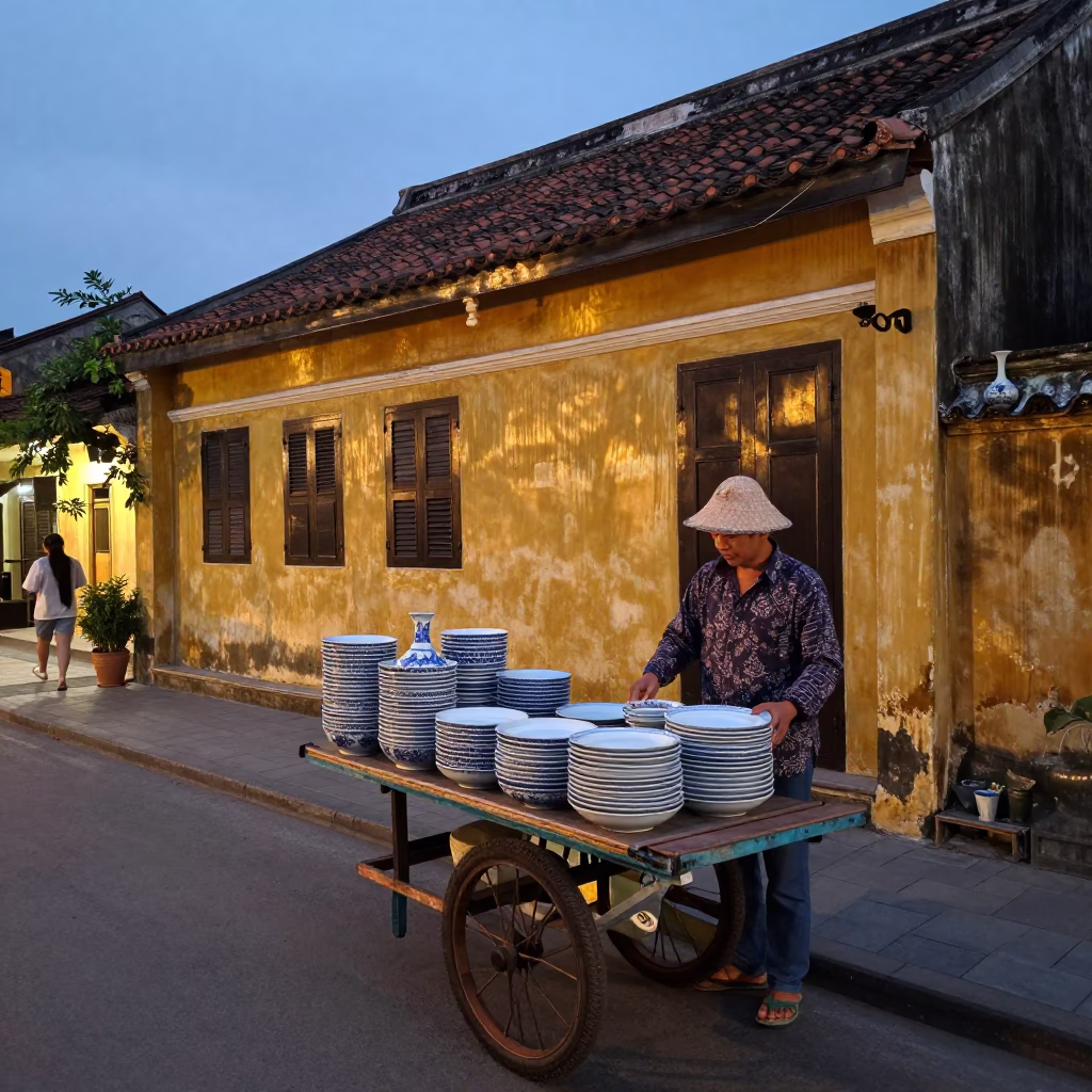 Hoi An Vietnam Evening Street Scene with Blue and White Porcelain and Wooden Mug in in Hoi An, Vietnam