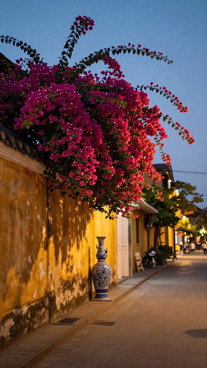 Hoi An Vietnam Evening Street Scene with Bougainvillea and Blue Porcelain in in Hoi An, Vietnam