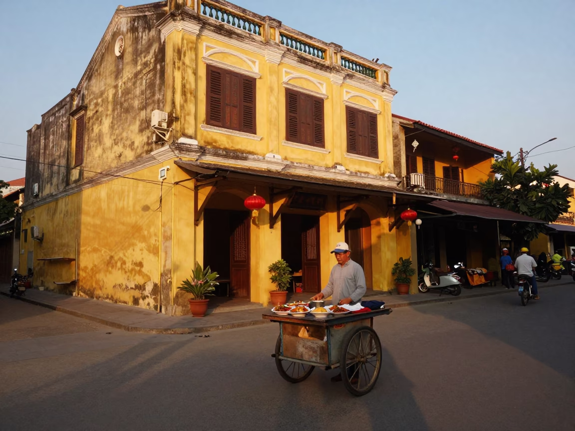 Hoi An Vietnam Evening Street Scene with Bun Cha Plate and Cutlery in in Hoi An, Vietnam