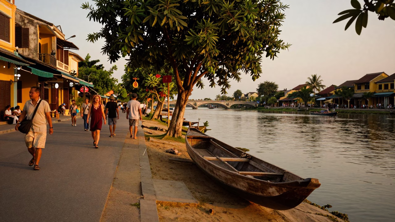 Hoi An Vietnam Evening Street Scene with Canoe and Mango Tree in in Hoi An, Vietnam